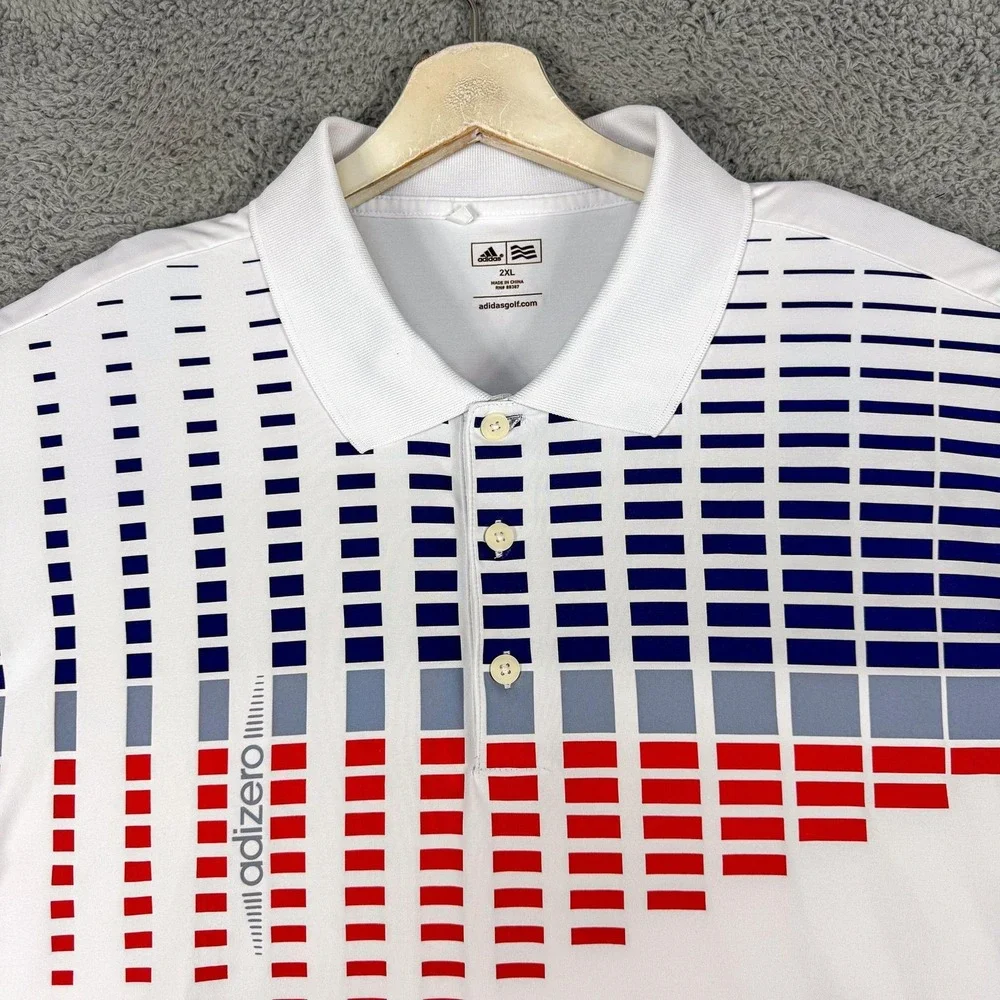 Adidas Adizero Golf Polo‎ Shirt Mens 2XL White Red Navy Geometric Performance